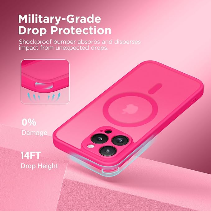 CAPRARO Magnetic for iPhone 15 Pro Max Case, [Compatible with MagSafe] [Full Camera Protection] Shockproof Protective Slim Translucent Matte Phone Case for iPhone 15 Pro Max 6.7'', Hot Pink