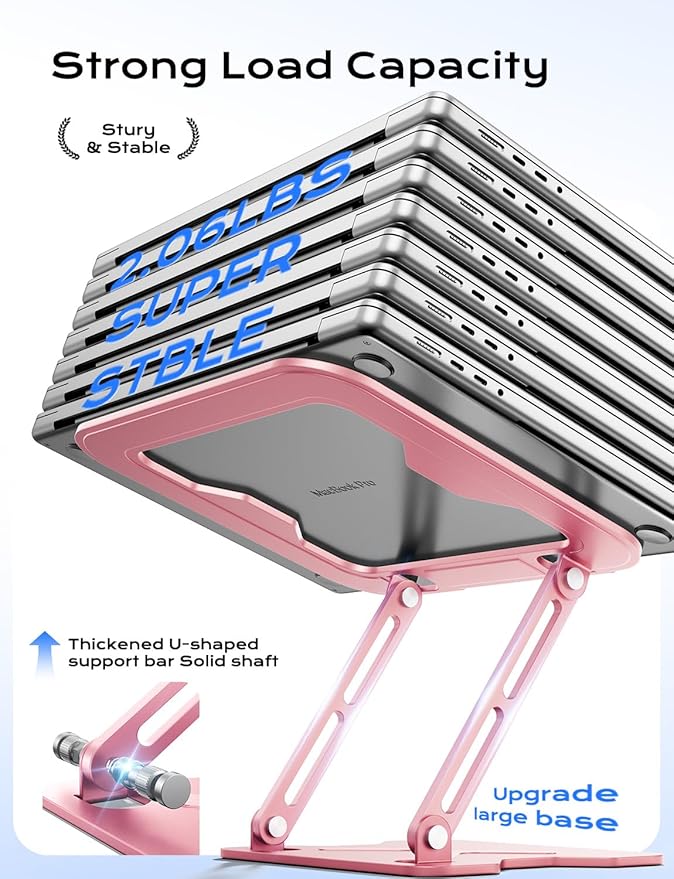 JCZT Adjustable Laptop Stand for Desk, Metal Foldable Laptop Riser, Portable Laptop Holder Mount, Ventilated Cooling Computer Notebook Stand for MacBook Air Pro, All 10-16'' Notebooks Laptops, Pink