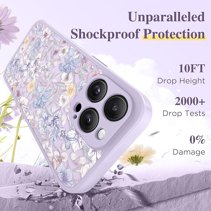 GVIEWIN for iPhone 15 Pro Max Case Compatible with MagSafe, [Military Grade Protection] [Screen Protector] Full Camera Protection Floral Translucent Women Magnetic Phone Case, Apricot Blossom/Purple