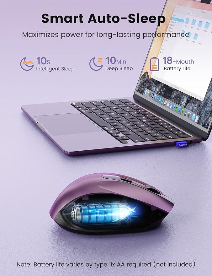 SABLUTE Purple Wireless Mouse for Laptop, 2.4GHz Computer Mouse with USB-A&C Receiver, Office Cordless Mice with 6 Buttons & 3 Level DPI for Small to Medium Hands, Compatible with PC, Desktop, Tablet