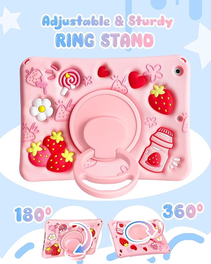 Boaretiu for iPad 9th/8th/7th Generation 10.2 Inch Case (2021/2020/2019) - Soft Silicone Cute Cartoon with Shoulder Strap & Rotating Stand Kawaii for Women Girls Girly Teens Cover, Strawberry