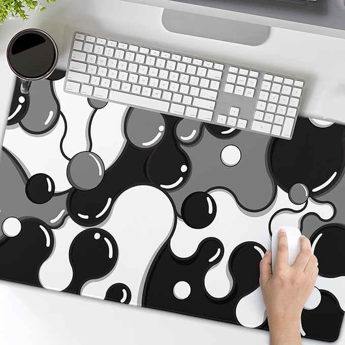 Black White Grey Mouse Pad XL Large Anime Cool Geometric Japanese Extended Desk Mat 60x35 CM Non-Slip Rubber Base Stitched Edge Large Mousepad for Desk Gaming Laptop Desktop,24x14 Inch