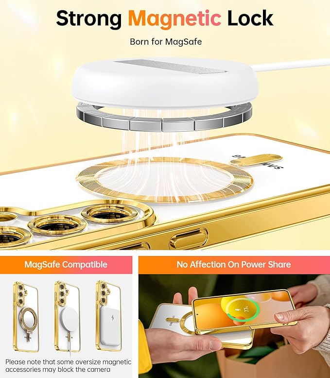 Meifigno Case Designed for Samsung Galaxy S25 6.2 inch, [Compatible with MagSafe] [2X HD Screen Protectors] [Glitter Card & Wrist Strap] Surround Lens Protection Case for Samsung Galaxy S25, Gold