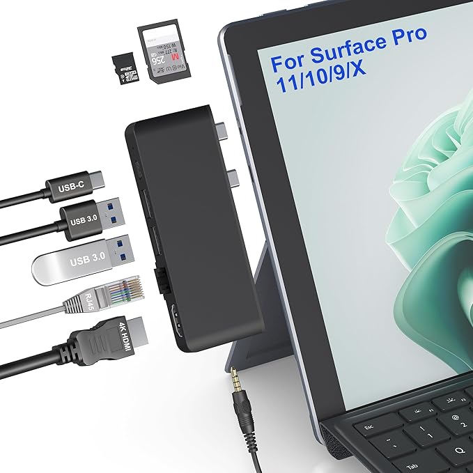 Surface Pro 11/10/9 Hub Docking Station with 4K HDMI, Thunerbolt 4(8K Video+40Gbps+100W PD), 100M Ethernet, USB 3.0, 3.5mm Audio, SD/TF Card Slot - USB C Hub Adapter for Surface Pro 11/Pro 10/Pro 9