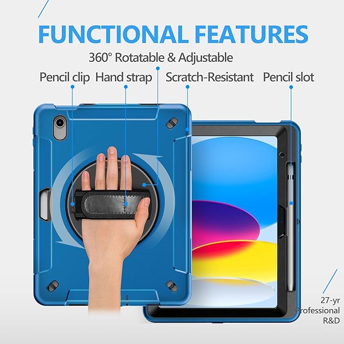 Case for iPad (A16) 11th/10th Generation Case: Protective Cover for iPad 11th Gen 11 Inch 2025 &10th Gen 10.9" 2022 with Screen Protector- Stand- Shoulder Strap- Handle- Pencil Holder-Dark Blue