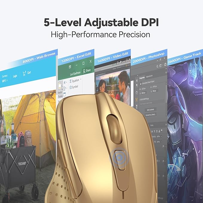 TECKNET Wireless Mouse, 2.4G Ergonomic Optical Mouse, Computer Mouse for Laptop, PC, Computer, Chromebook, Notebook, 6 Buttons, 24 Months Battery Life, 2600 DPI, 5 Adjustment Levels - Gold