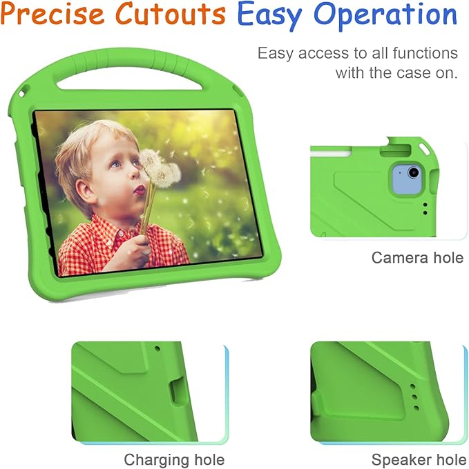 Kids Case for iPad A16 11th/10th Generation 2022/2025 11-Inch iPad Cover with Pencil Holder, Techcircle Lightweight Shockproof EVA Foam Rugged Handle Stand Anti-Slip Grip Protective Case, Green