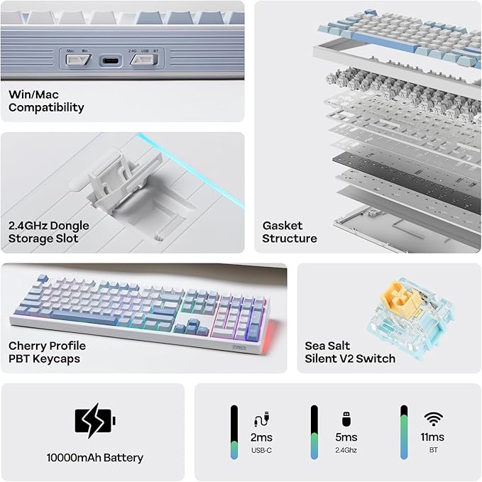 EPOMAKER TH108 Full Size Mechanical Keyboard, Wireless Gaming Keyboard with 8000mAh Battery, Creamy Gasket, 108 Keys, Hot Swap, Custom Driver, RGB Backlight (Blue&White, Sea Salt Silent)