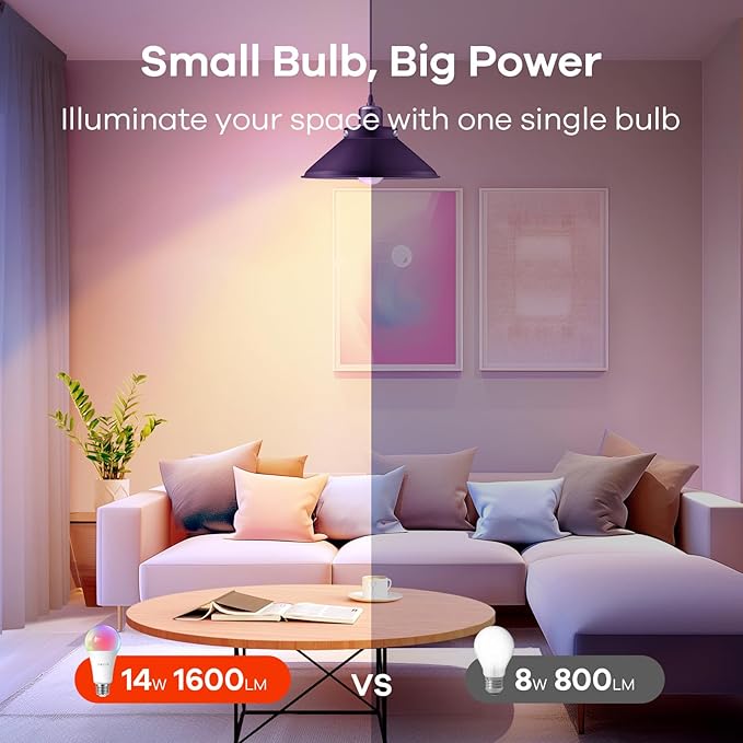 OREiN Matter Smart Light Bulb, 1600 Lumens 100W Equivalent Smart Light Bulbs, Color Changing Light Bulbs Work with Apple Home, Alexa, Google Home, SmartThings, A21 Smart Bulbs 2.4Ghz WiFi, 4Pack
