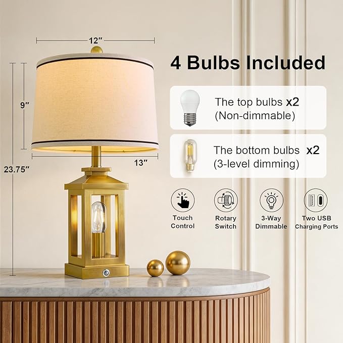 G-SAFAVA 24" Table Lamps for Living Room Bedroom Modern Gold Bedside Lamps Set of 2 Nightstand Lamps for Night Stands 3 Way Dimmable Touch Lamp with USB C+A Ports and 2 Light Sources, 4 Bulbs Includes