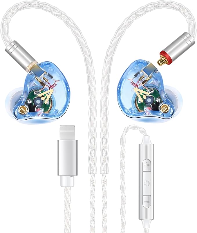 Vibes 202ML Wired Earbuds - HiFi in Ear Headphones for iPhone 5–14, Noise Isolating Ear Buds w/ Mic - Clear Sound, Deep Bass, Comfort-Fit Earphones - MMCX–LTN, Silver Plated Cord, Carrying Case