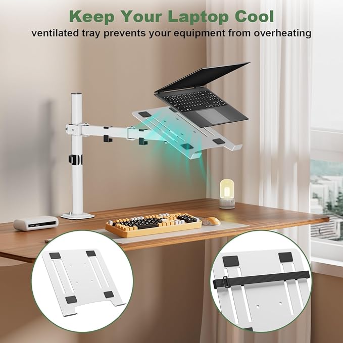 UPGRAVITY White Laptop Desk Mount with Vented Tray for Notebook up to 17 inch, Fully Adjustable Single Laptop Arm Stand Holds up to 17.6 lbs, Clamp on/Grommet Mounting