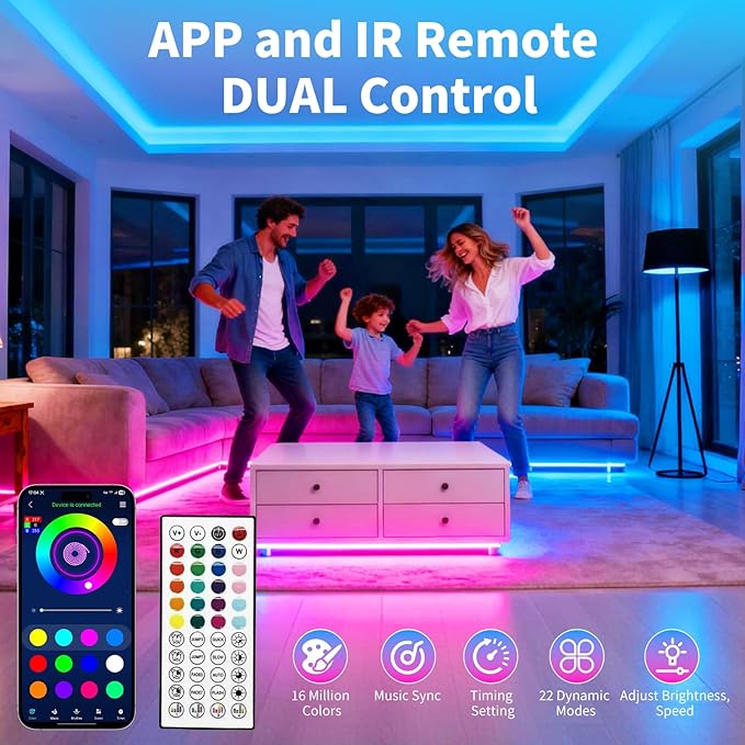 LED Strip Lights,RGB Music Sync Color Changing Led Lights with Smart App Control Remote & Remote Control for Room,Part,Essential,Sense of Atmosphere Decoration(100FT-2 Rolls of 50ft)