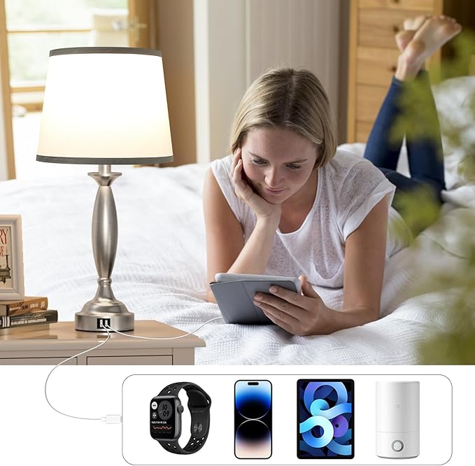 Seealle Touch Bedside Lamps for Nightstand Set of 2 - Bedroom Lamps with USB C+A, 3 Way Dimmable Nightstand Lamps, Brushed Nickel Table Lamps for Living Room (Bulbs Included)