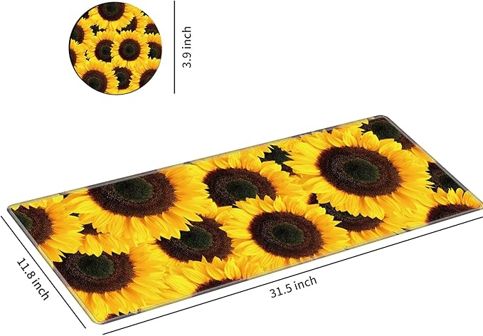 Large Gaming Mouse Pad Non-Slip Keyboard Pad Soft Extended Desk Mat Desktop Writing Pad (31.5"×11.8") with Yellow Sunflower Design for Home & Office + Cup Coaster