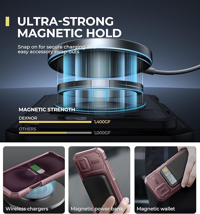 Dexnor for iPhone 16 Case with Slide Camera Cover & Adjustable Kickstand & Built-in Screen Protector,Compatible with MagSafe Shockproof Bumper Cases Heavy-Duty Magnetic Protective Cover,Peony Pink