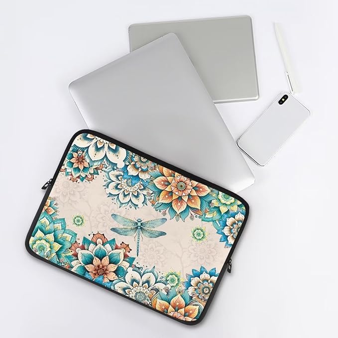 Boho Flower Dragonfly Laptop Protective Sleeve for Women Men Computer Sleeve 10 Inch Laptop Case Bag Lightweight Computer Carrying Case Suitable GITS for Teens Tablet Bags