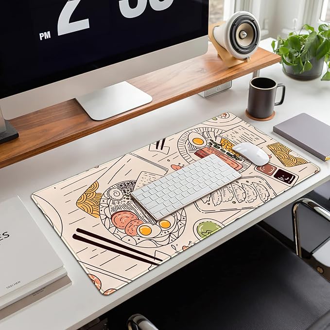 Japanese Ramen Sushi Food Desk Mat Beige XL Mouse Pad Large Full Desk Mousepad Gaming Extended Keyboard Mouse Mat Desk Pad for Computer Laptop 31.5''X15.7'' Non-Slip Rubber Base with Stitched Edges