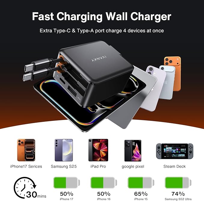 iVANKY Retractable USB C Charger, Smallest 4-in-1 GaN Wall Charger for Multiple Devices, 45W Charger Block with Dual Type C Cables, 4-Port Travel Adapter for iPhone 17/16/15/14 Pro Max,MacBook Neo
