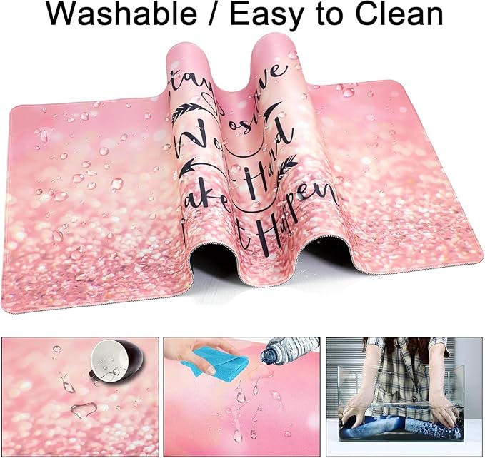 Large Gaming Mouse Pad with Coaster, Desk Matt for Desktop, Desk Pad, Mouse Pads Mat, Stitched Edges Big Extended Mousepad for Computer Keyboard Laptop Office Decor, 31.5'' x15.6''-Pink Words