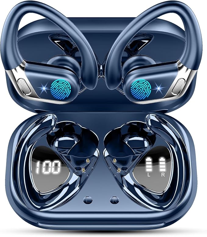 Wireless Earbuds, Bluetooth 5.4 Headphones Sport, 50H Deep Bass Sound Over Ear Buds with 4 ENC Noise Cancelling Mic, Dual LED Display, IP7 Waterproof Earphones with Earhook for Workout/Running/Gym