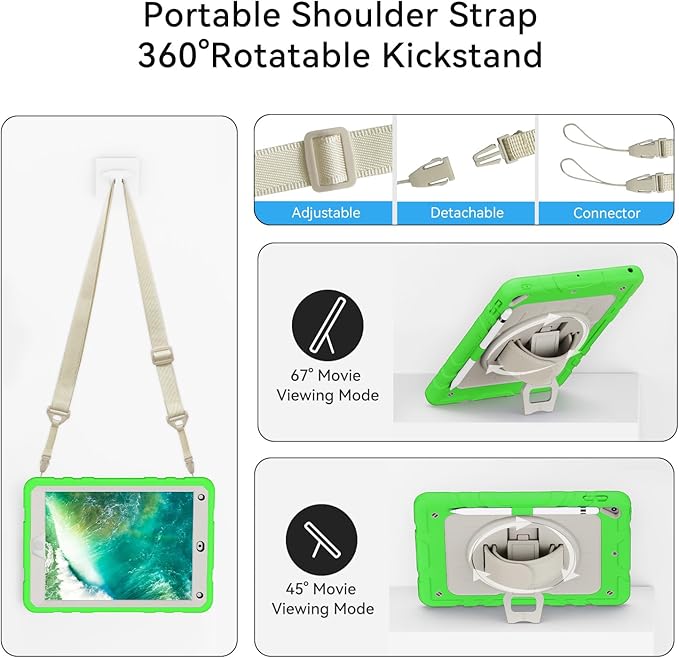 Case for iPad 6th/5th Generation 9.7'' with Screen Protector Pencil Holder [360 Rotating Hand Strap] &Stand, Drop-Proof Case for iPad 6th/5th/ Air 2/ Pro 9.7 (FruitGreen&Beige)