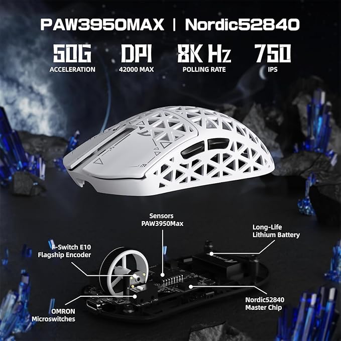 ATTACK SHARK R5 Ultra Wireless Gaming Mouse,39g Superlight Carbon Fiber Hollowed-Out,PAW3950MAX Optical Sensor Nordic 52840 MCU 8K Polling 42K DPI,BT/2.4G/USB-C Mice with Coiled Cable for PC/Mac-White