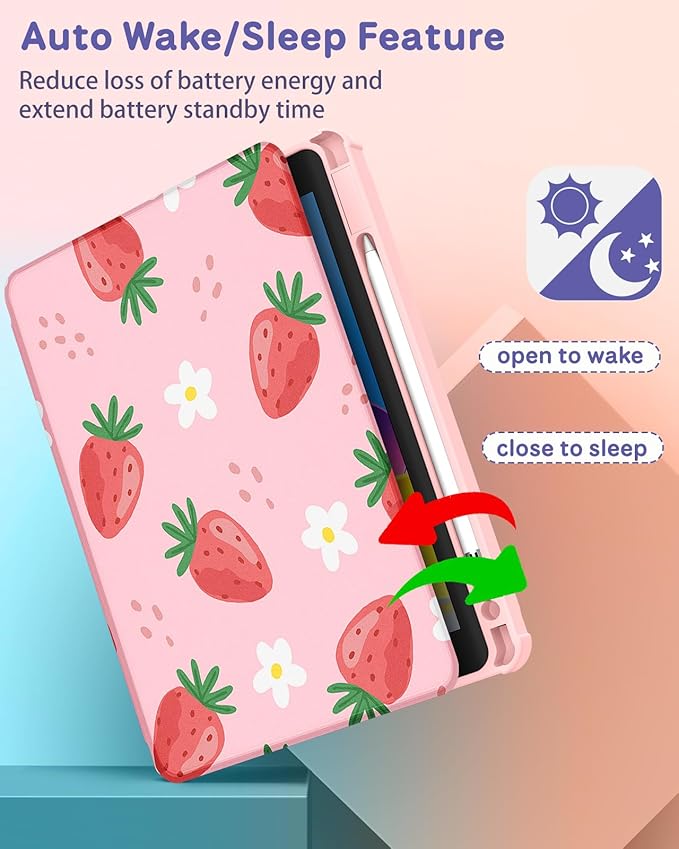 Uppuppy for iPad Air 11 inch Case, Air 5th/4th Generation 10.9, Pro 11'' Case Women Girls for Apple Pencil Holder Cute Strawberry Rotating Folio Cover for iPad Air 11 2024 (M2), 10.9 2022 2020, Pro 11