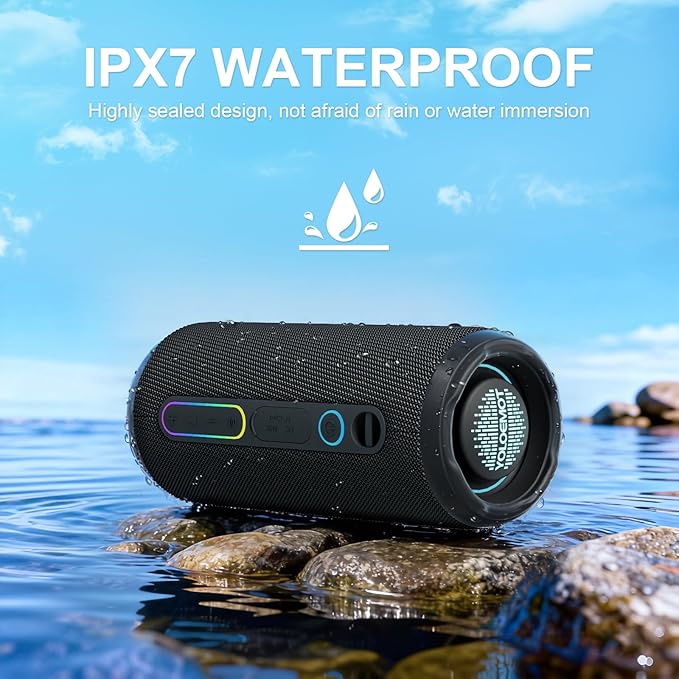 Portable Bluetooth Speaker, 24W Loud Deep Bass, IPX7 Waterproof, TWS Pairing, 12H Playtime, RGB Lights, Outdoor Bluetooth Speakers for Camping, Biking, Party (Black)