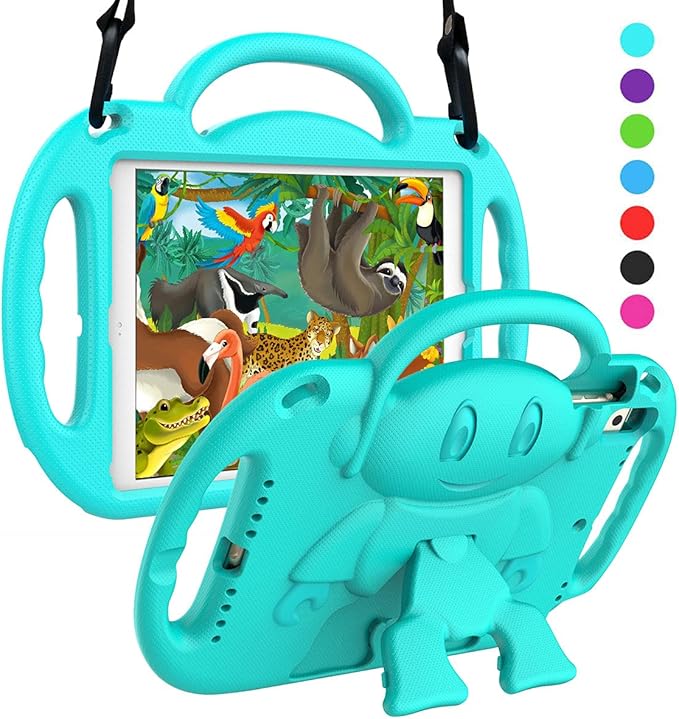 SUPLIK Kids Case for iPad 5th/6th Generation (9.7 inch, 2017/2018), iPad Air 1 & Air 2 & Pro 9.7 Case with Shoulder Strap Handle Stand for Apple iPad 5/6 & iPad Air 1st/2nd Gen, Cyan