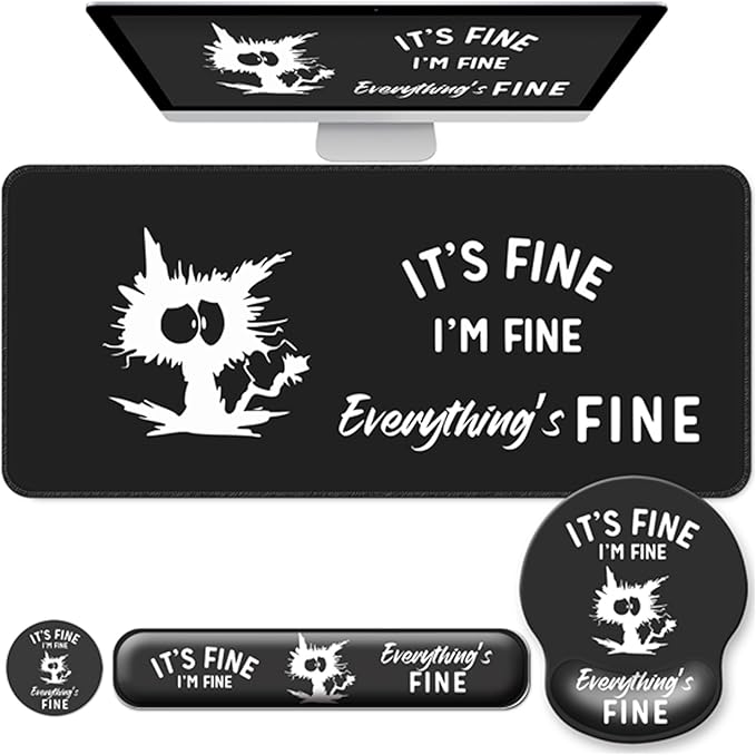 Desk Mat Set + Keyboard and Mouse Pad with Wrist Rest Support,4-in-1 Large Mousepad Computer Mats for Desktop Home & Office-It's fine I'm fine Everything is fine