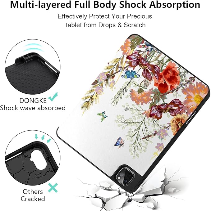 DONGKE Case for iPad Pro 11 inch (4th, 3rd, 2nd & 1st Gen) 2022 2021 2020 2018, Trifold Stand + Pencil Holder + Auto Wake/Sleep + Soft TPU Protective Stand Back Cover, Floral