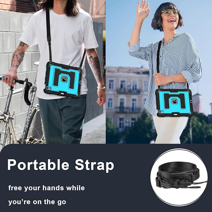 Kids Friendly Case for iPad Air 11 Inch M4 M3 M2 2026/2025/2024 Case with Pencil Holder & Shoulder Strap, Military Grade Shockproof Kickstand Hard Shell Protective Cover,Black+Blue