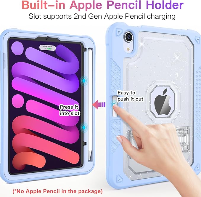 ZoneFoker Case for iPad mini A17 Pro, for iPad mini 7th/6th Generation Case 8.3 inch 2024/2021 with Pencil Holder/Stand, Slim Cover for i Pad Mini 7/6 (Clear Glitter/SkyBlue)