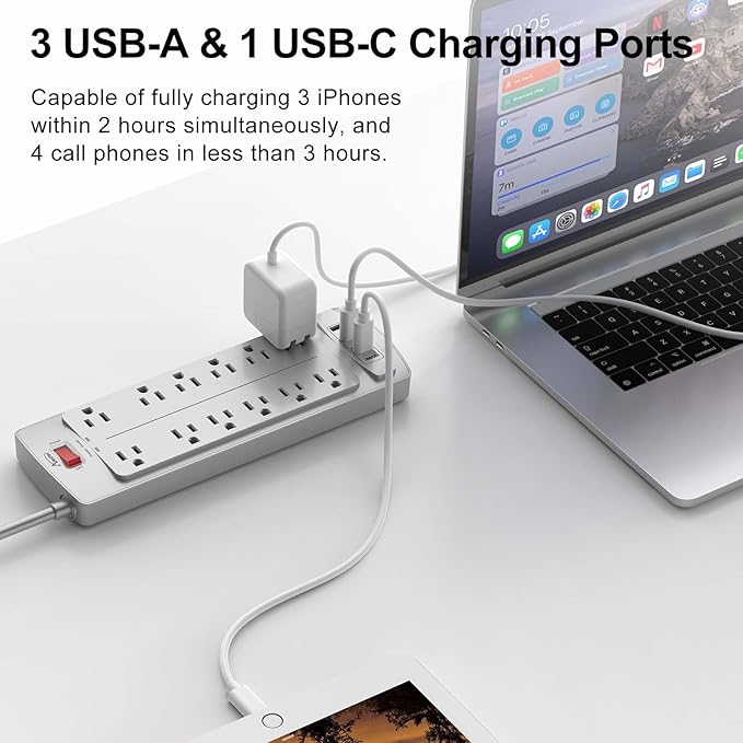 Power Strip, ALESTOR Surge Protector with 12 Outlets and 4 USB Ports, 10 Feet Extension Cord (1875W/15A), 2700 Joules, ETL Listed, Grey