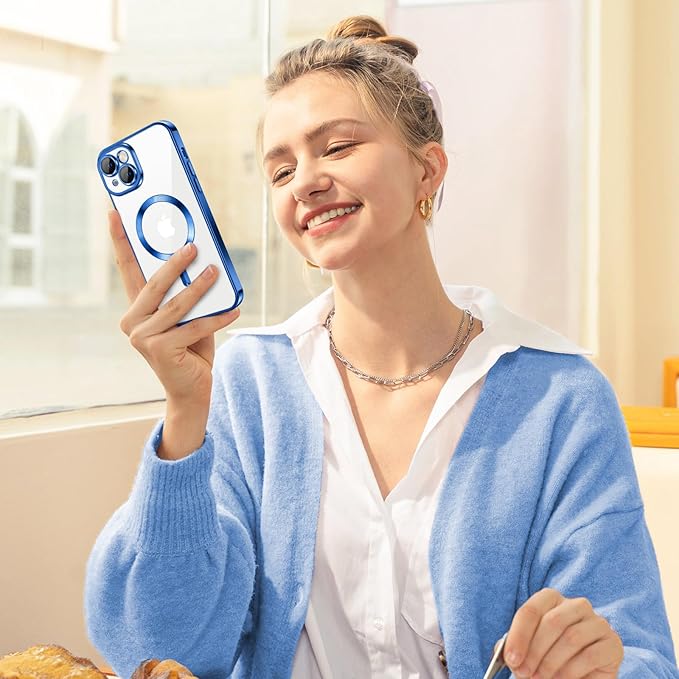 Hython Magnetic Clear for iPhone 14 Plus Case with Camera Lens Protector [Compatible with MagSafe] Luxury Plating Edge Slim Soft TPU Cover Protective Phone Case for iPhone 14 Plus 6.7", Deep Blue