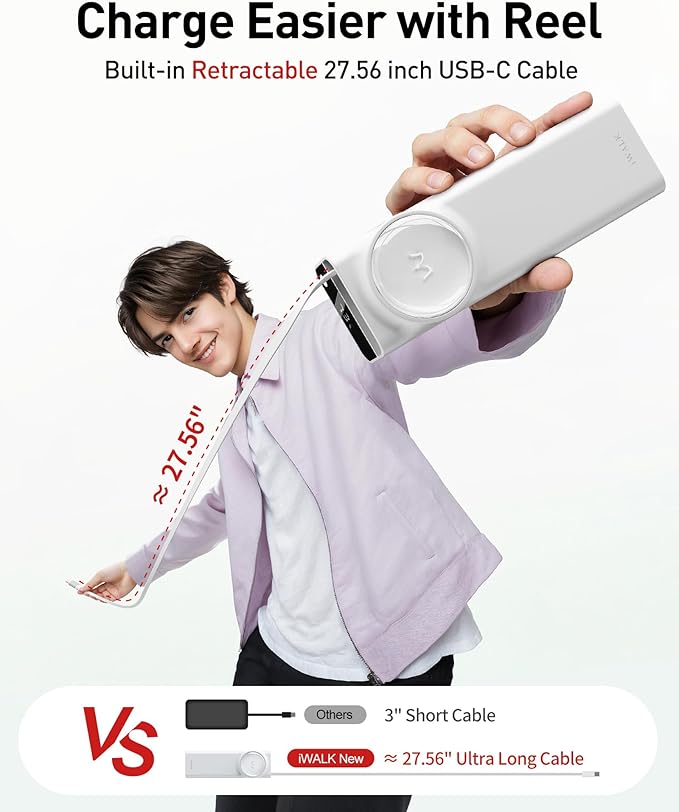 iWALK Laptop Power Bank, 20000mAh 65W Portable Charger with Built-In 2.3ft Retractable USB-C Cable & LED Display - Triple Outputs for MacBook Pro/Air, iPhone 17/16/15 Series, iPad Pro, Samsung S25/S24