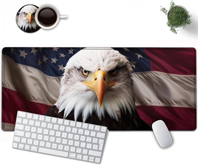 Large Mouse Pad, 31.5 x 11.8in Extended Gaming Mouse Pad with Stitched Edges, XXL Mousepad Protector Non Slip Rubber Base for Office and Home Writing Mat, American Bald Eagle Pattern Black Desk Mat