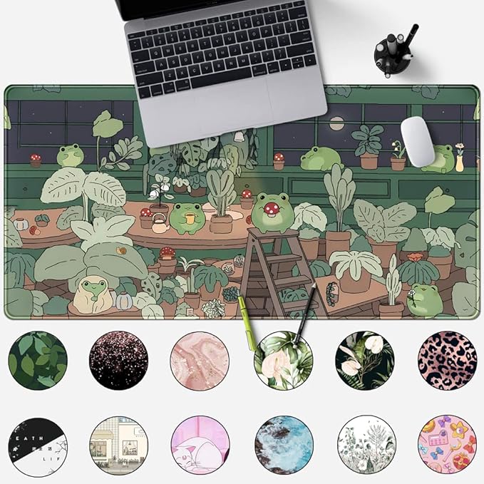 Cute Frog Mouse Pad Desk Pad Kawaii Green Desk Decor Mat, Large Gaming Mouse Pad for Desk Computer Keyboard Laptop, Home Office Accessories for Girl (31.5x15.7 in)-with Stitched Eges Pad