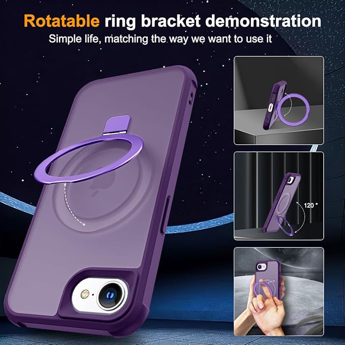 SKYLMW Compatible with iPhone 16e Case & iPhone 17e Case 6.1" with Invisible Magnetic O-Ring Stand Military-Grade Translucent Phone Cases [Compatible with Mag-Safe][Great Grip Feeling], Purple
