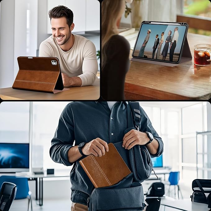Gexmil Genuine Leather Case for iPad Pro 11 Inch (M5/M4) 2025/2024 with Pencil Holder,Protective Shockproof Leather Smart Folio Cover Adjustable Stand Auto Sleep/Wake Anti-Slip,Yellow Brown