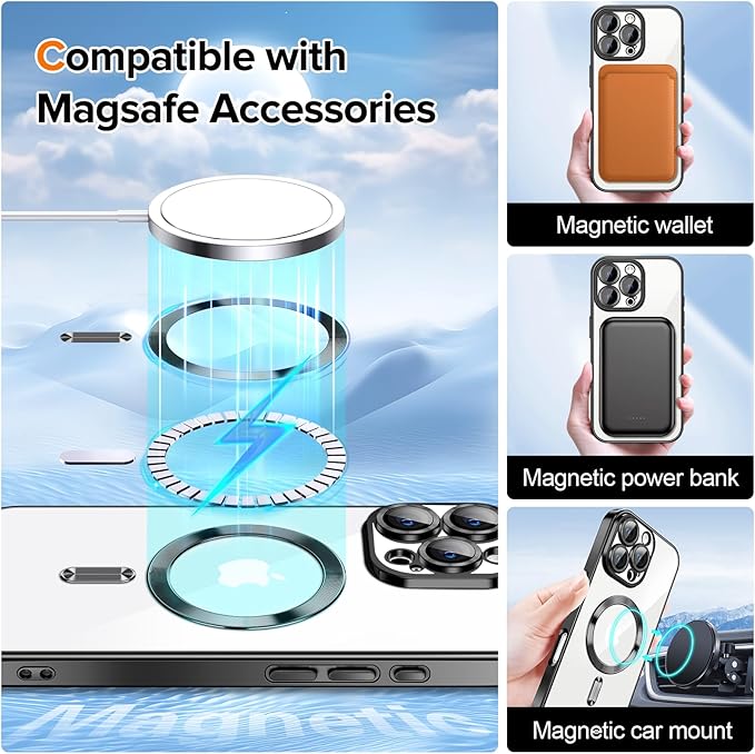 Hython Magnetic Clear for iPhone 16 Pro Case with Camera Lens Protector [Compatible with MagSafe] Luxury Plating Edge Slim Soft TPU Cover Protective Phone Case for iPhone 16 Pro 6.3", Black