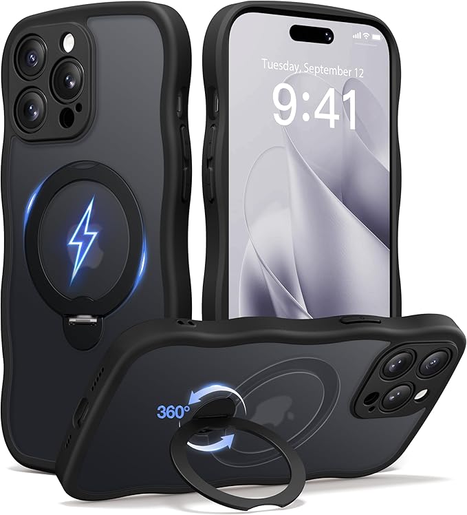CAPRARO for iPhone 14 Pro Case with 360° Spin Magnetic Stand for Women, [Compatible with MagSafe] [Full Camera Protection] Cute Wave Translucent Matte Case for iPhone 14 Pro,Black