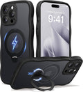 CAPRARO for iPhone 14 Pro Case with 360° Spin Magnetic Stand for Women, [Compatible with MagSafe] [Full Camera Protection] Cute Wave Translucent Matte Case for iPhone 14 Pro,Black