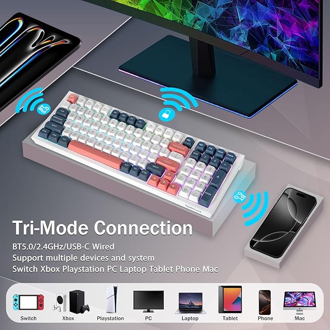 Redragon K723 Wireless Mechanical Gaming Keyboard Creamy, Bluetooth/2.4G/USB-C Wired, RGB Backlit, Hot Swappable Pre-lubed Linear Switches, Custom Gasket Structure for PC/Mac/PS/Xbox, White Blue