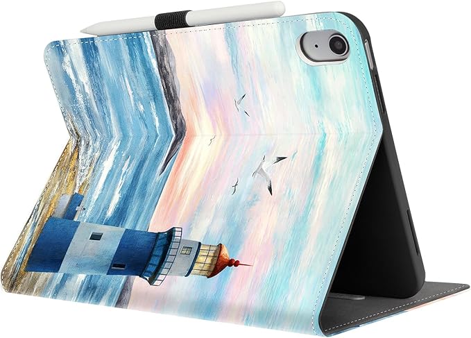 for iPad (A16) 11Th/10Th Generation Case 2025/2022, for iPad Case 11Th/10Th Generation, iPad11Th Gen Cover Pencil Holder/Hand Strap/Pocket/Screensaver Elastic Band, Blue Lighthouse Seagull