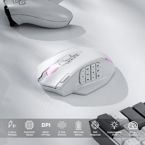 Redragon M913 Impact Elite Wireless Gaming Mouse, 16000 DPI Wired/Wireless RGB Mouse with 16 Programmable Buttons, 45 Hr Battery and Pro Optical Sensor, 12 Side Buttons MMO Mouse