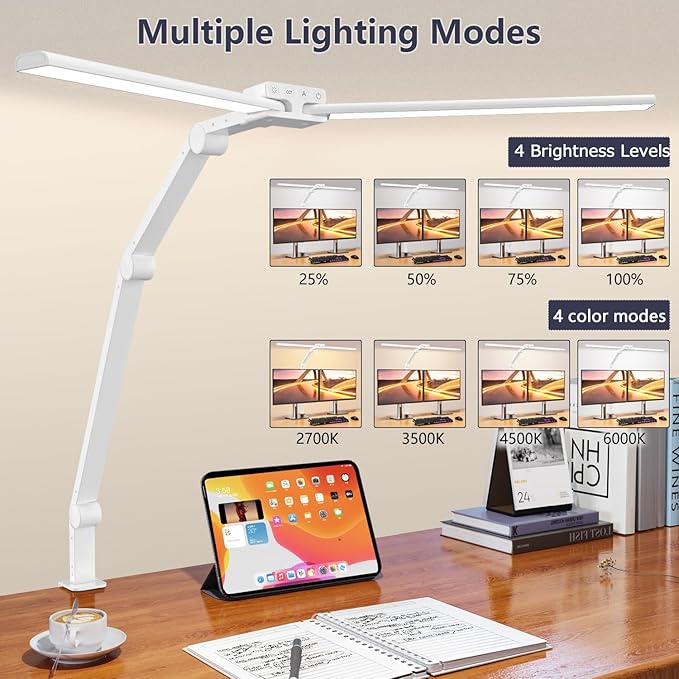 KableRika Desk Lamp,Double Head Desk Lamp with Clamp,24W Led Desk Lights for Home Office Ultra Bright Architect Table Lamp 4 Brightness 4 Color,Auto Dimming Task Lamp for Monitor Work Study White