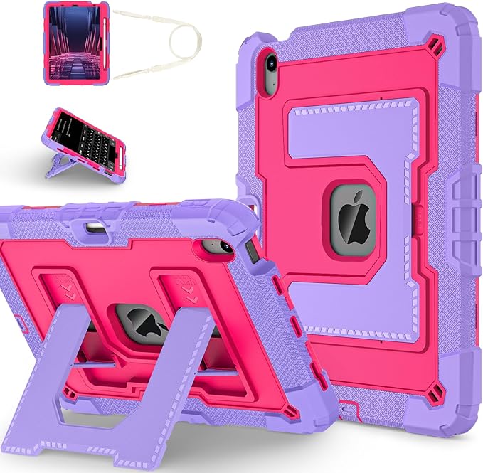 Kids Friendly Case for iPad Air 11 Inch M4 M3 M2 2026/2025/2024 Case with Pencil Holder & Shoulder Strap, Military Grade Shockproof Kickstand Hard Shell Protective Cover,Rose+Purple