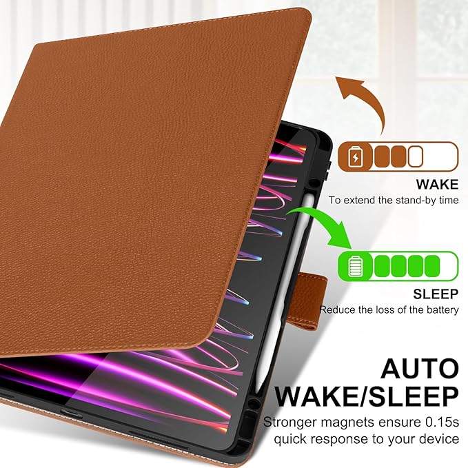 Genuine Leather Case for iPad Pro 13 inch (M5/M4) 2025/2024 with Pencil Holder | Slim Protective Cover with Adjustable Stand,Magnetic Closure,Auto Wake/Sleep, Premium Leather | Brown